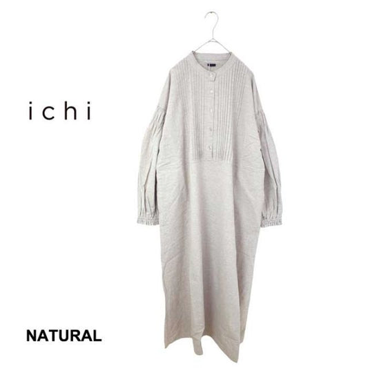 イチ ワンピース ichi 240527 C/L ピンタック ナチュラル レッド フリーサイズ コットン リネン パフスリーブ 丈長め(240926)