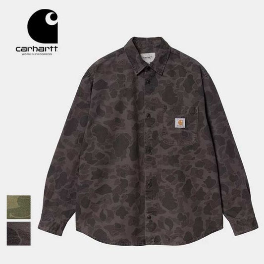 カーハート シャツ メンズ ロングスリーブダックシャツ carhartt I033769 L/S DUCK SHIRT 長袖 カモフラージュ柄 迷彩 ルーズフィット 総柄 柄シャツ グレー グリーン 秋冬 M / L (241011)
