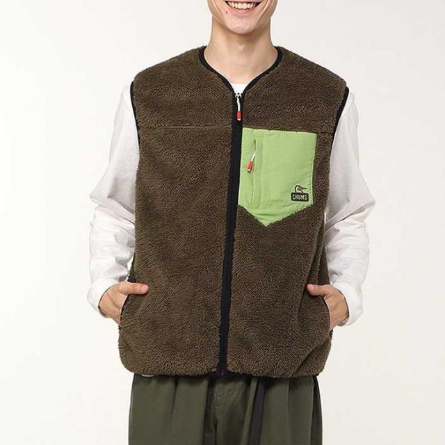 チャムス ベスト chums ボンディングフリースノーカラーベスト メンズ CH04-1433 Bonding Fleece No Collar Vest フリース ブラック オリーブ あったかい 秋冬 M / L (241011)