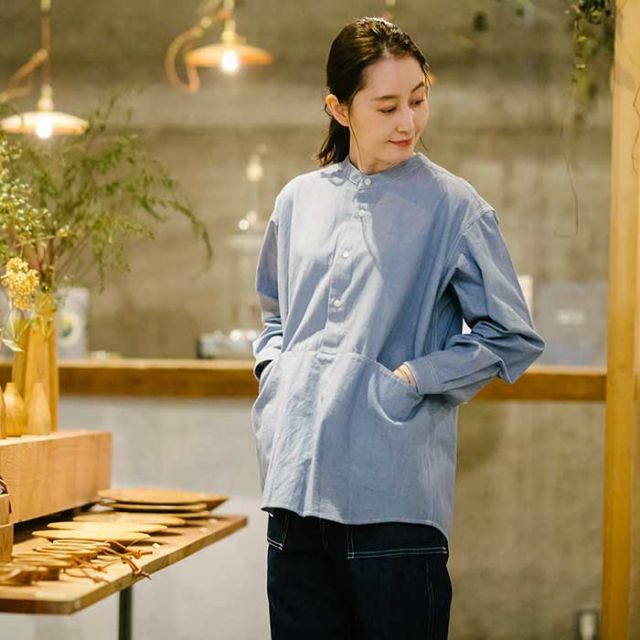 ガレージグリーンワークス スモックシャツ ノーカラーシャツ garage green works [ 231215 ] FLOWER POCKET DUNGAREE SHIRT ワークシャツ 長袖
