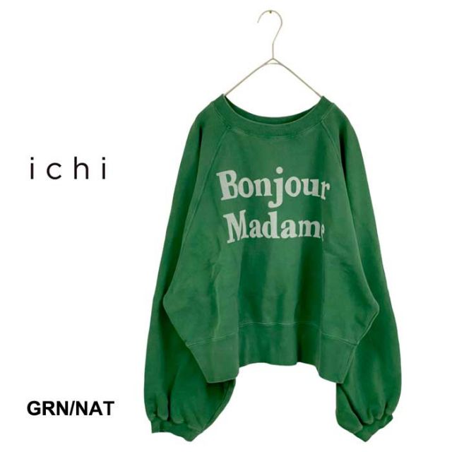 イチ ichi レディース プルオーバー 220647 BONJOUR MADAME 裏毛 P/O トレーナー グリーン ネイビー アイボリー トップス 秋冬 コットン フリーサイズ