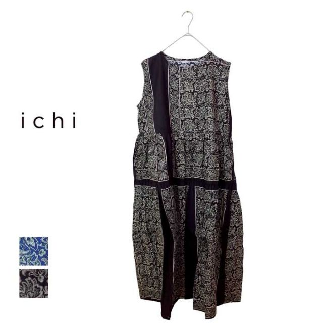 イチ ワンピース ichi レディース 231119 バンダナプリント ティアードワンピース フリーサイズ ノースリーブ コットン ブルー ブラック 春夏 (240429)