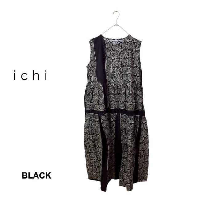 イチ ワンピース ichi レディース 231119 バンダナプリント ティアードワンピース フリーサイズ ノースリーブ コットン ブルー ブラック 春夏 (240429)