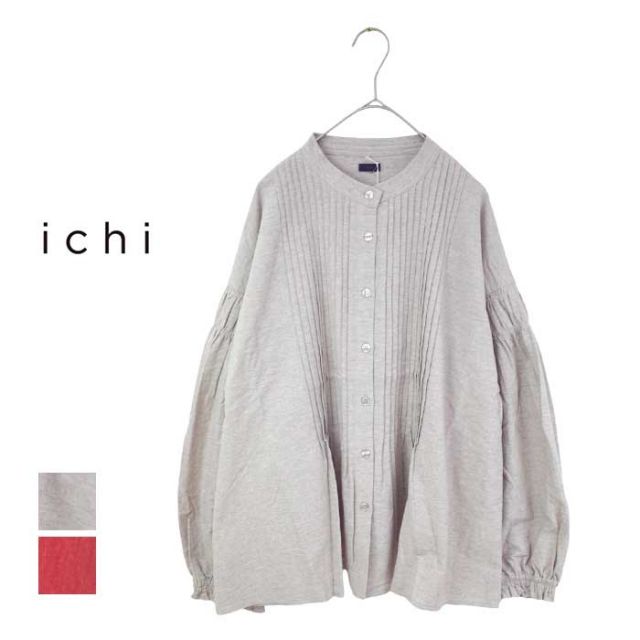 イチ シャツ 長袖 ichi 240526 レディース C/Lピンタック ブラウス レッド ナチュラル フリーサイズ パフスリーブ タック Aライン コットン リネン (240926)