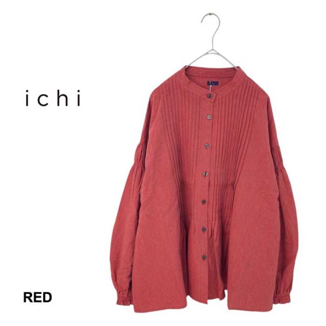 イチ シャツ 長袖 ichi 240526 レディース C/Lピンタック ブラウス レッド ナチュラル フリーサイズ パフスリーブ タック Aライン コットン リネン (240926)