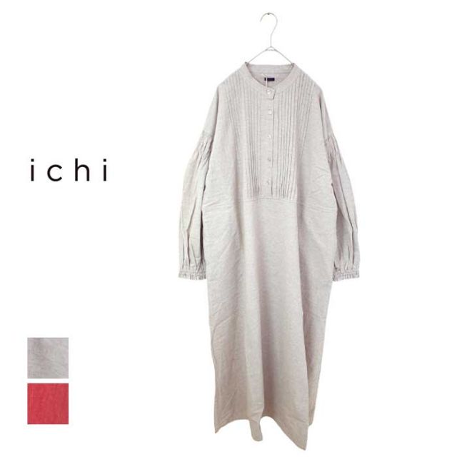 イチ ワンピース ichi 240527 C/L ピンタック ナチュラル レッド フリーサイズ コットン リネン パフスリーブ 丈長め(240926)