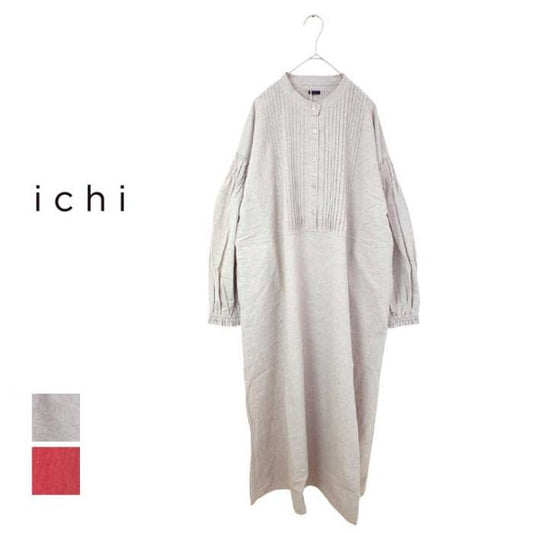 イチ ワンピース ichi 240527 C/L ピンタック ナチュラル レッド フリーサイズ コットン リネン パフスリーブ 丈長め(240926)