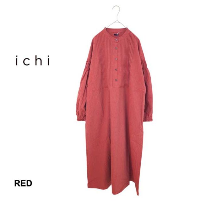 イチ ワンピース ichi 240527 C/L ピンタック ナチュラル レッド フリーサイズ コットン リネン パフスリーブ 丈長め(240926)