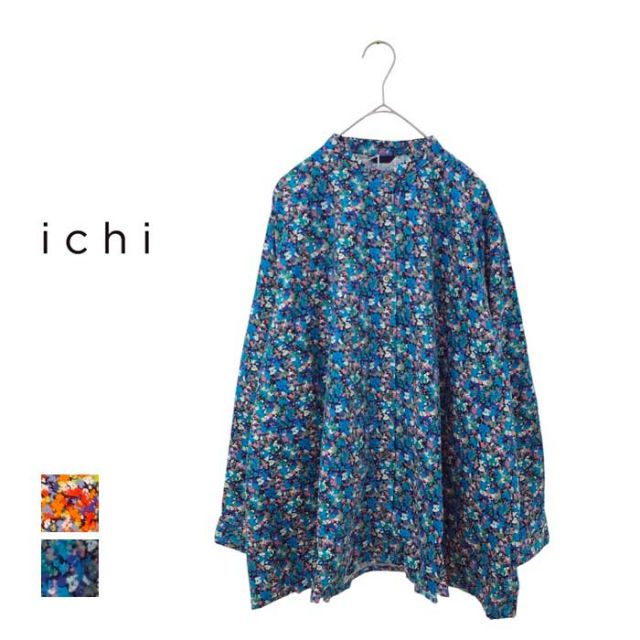 イチ シャツ レディース ichi 240716 HOKKOH LIBERTY SHIRT コットン　花柄 長袖 コーデュロイ ブルー オレンジ フリーサイズ (241129)