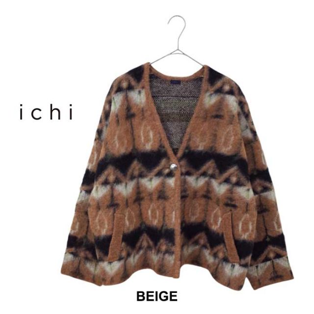 イチ カーディガン レディース ichi 240760 ジャガード ネイティブ柄 CARDIGAN フリーサイズ ベージュ ネイビー (241129)