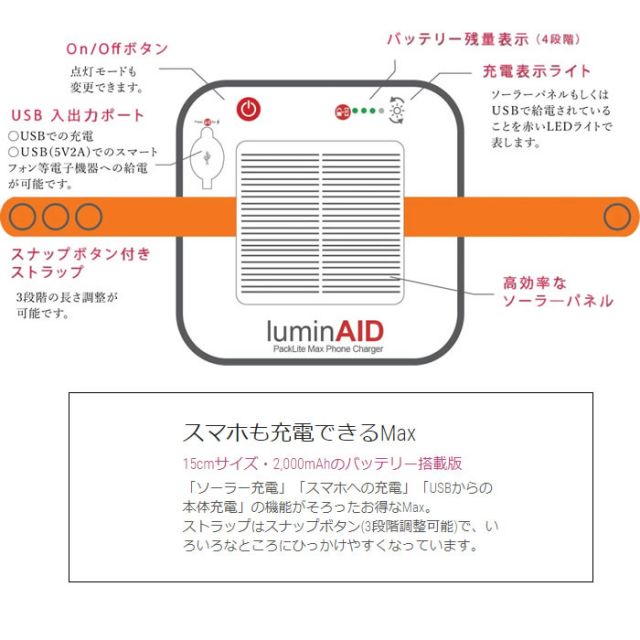 ライト 防災 ランタン LED ルミンエイド ソーラーランタン スマホ充電 LuminAID PACKLITE MAX マックス  2-IN-1 PHONE CHARGER 充電式 防水 LED ソーラーパネル USB充電 (0904)