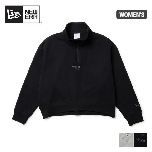 ニューエラ トレーナー 裏起毛 レディース NEWERA WS SWEAT HALF ZIP スウェット ハーフジップ プルオーバー 14674706 14674705 ブラック グレー ハイネック スポーティ ショート丈 ゆったり オーバーサイズ 保温性 (250904)