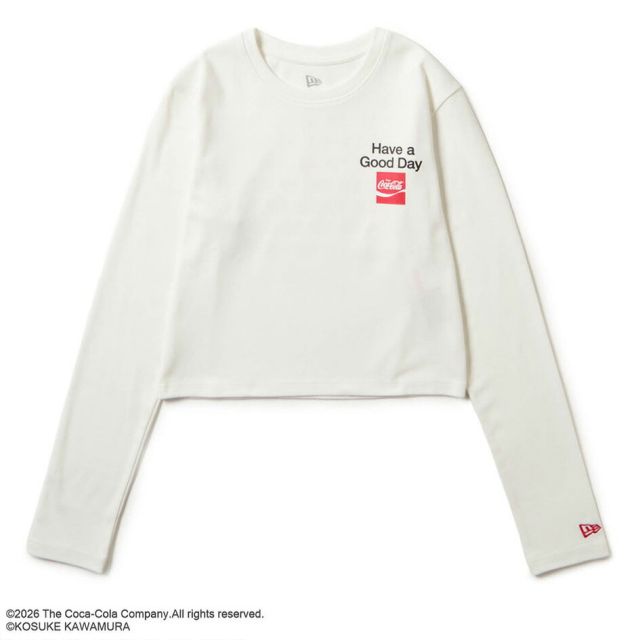 ニューエラ レディース ロンT コカコーラ コラボ 河村康輔 15159340 NEW ERA クロップド丈 長袖 Tシャツ オフホワイト Many Hearts へそ出し 限定 ウィメンズ 秋 冬 プレゼント ギフト メール便