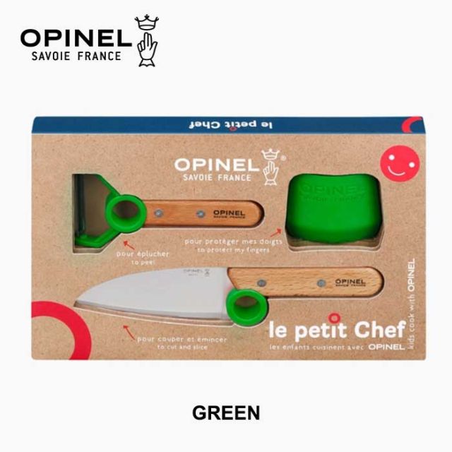 オピネル 3点キッチンセット キッズ opinel Le petit chef BOX SET シェフナイフ プロテクトフィンガー ピーラー 皮剥き器 包丁 指ガード ステンレス こども包丁 子供用 ギフト プレゼント ブルー グリーン レッド メール便(240708)