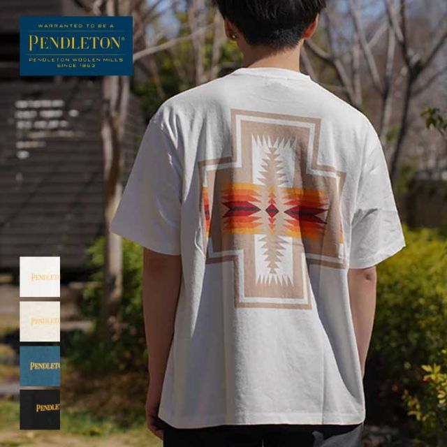 ペンドルトン メンズ レディース ユニセックス 半袖 tシャツ PENDLETON 19802380 S/S BackPrintTee ショートスリーブバックプリントティー コットン ジャパンフィット ブラック ホワイト ブルー S / M / L 春夏 メール便 (240402)