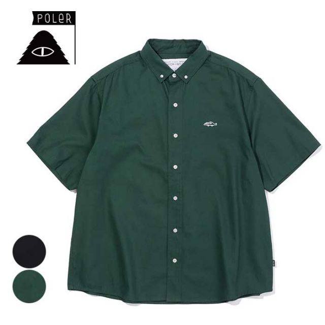 ポーラー ボタンダウンシャツ メンズ POLeR BLAKE S/S BUTTON DOWN SHIRT 半袖 ブラック グリーン 刺繍 コットン M / L メール便 (240331)