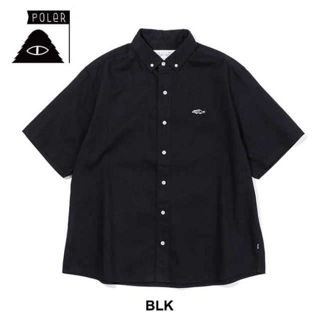 ポーラー ボタンダウンシャツ メンズ POLeR BLAKE S/S BUTTON DOWN SHIRT 半袖 ブラック グリーン 刺繍 コットン M / L メール便 (240331)