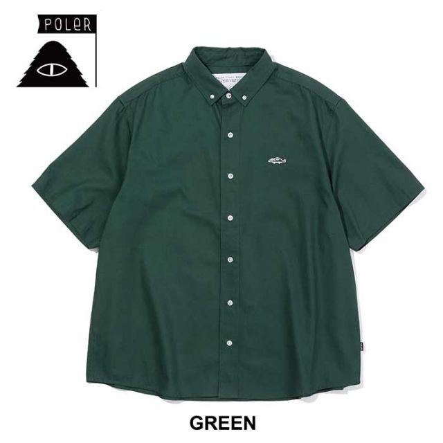 ポーラー ボタンダウンシャツ メンズ POLeR BLAKE S/S BUTTON DOWN SHIRT 半袖 ブラック グリーン 刺繍 コットン M / L メール便 (240331)