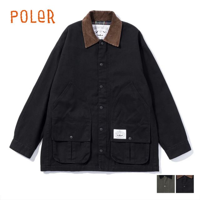 ポーラー POLER 243MCV0030 PL OUTPOST HUNTING JACKET アウトポスト ハンティングジャケット ブラック／オリーブ コーデュロイ襟 撥水 コットンジャケット メンズ アウトドア カジュアル キャンプコーデ 秋冬アウター タウン (250904)