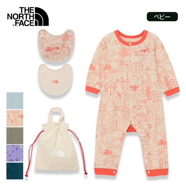 ザ・ノース・フェイス ロンパース ベビー THE NORTH FACE NTB82402 B L/S ROMPERS 2P ベビーロングスリーブロンパース＆2Pビブ（ベビー）巾着袋 ドットボタン 赤ちゃん 長袖ロンパース スタイ  ノースフェイス  出産祝い 子供 (240821)