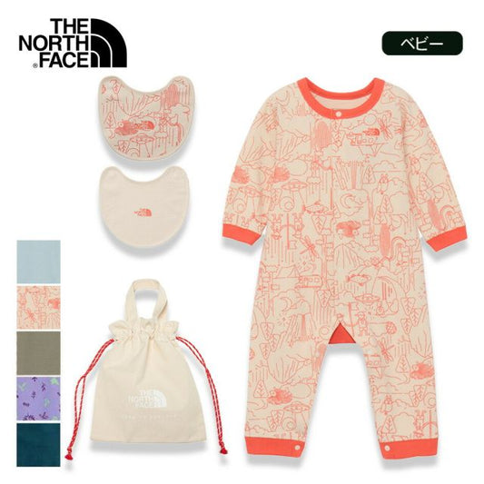 ザ・ノース・フェイス ロンパース ベビー THE NORTH FACE NTB82402 B L/S ROMPERS 2P ベビーロングスリーブロンパース＆2Pビブ（ベビー）巾着袋 ドットボタン 赤ちゃん 長袖ロンパース スタイ  ノースフェイス  出産祝い 子供 (240821)