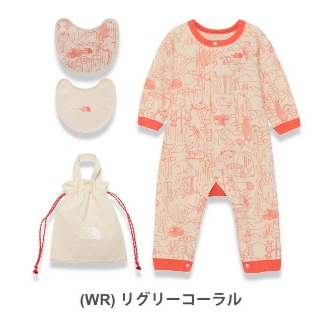 ザ・ノース・フェイス ロンパース ベビー THE NORTH FACE NTB82402 B L/S ROMPERS 2P ベビーロングスリーブロンパース＆2Pビブ（ベビー）巾着袋 ドットボタン 赤ちゃん 長袖ロンパース スタイ  ノースフェイス  出産祝い 子供 (240821)