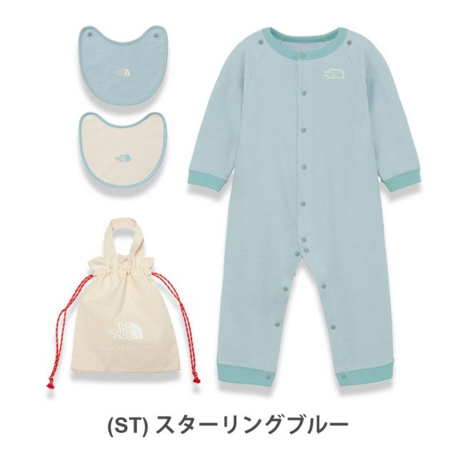 ザ・ノース・フェイス ロンパース ベビー THE NORTH FACE NTB82402 B L/S ROMPERS 2P ベビーロングスリーブロンパース＆2Pビブ（ベビー）巾着袋 ドットボタン 赤ちゃん 長袖ロンパース スタイ  ノースフェイス  出産祝い 子供 (240821)