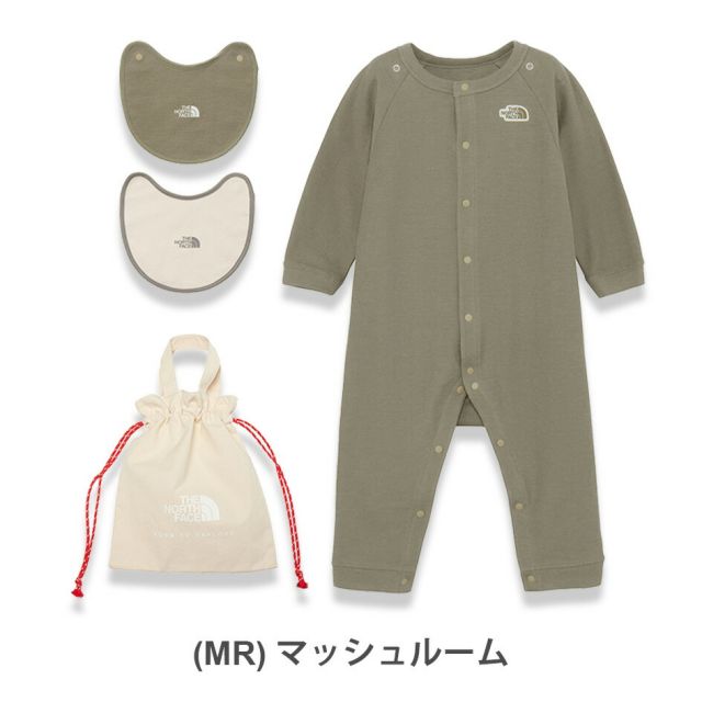 ザ・ノース・フェイス ロンパース ベビー THE NORTH FACE NTB82402 B L/S ROMPERS 2P ベビーロングスリーブロンパース＆2Pビブ（ベビー）巾着袋 ドットボタン 赤ちゃん 長袖ロンパース スタイ  ノースフェイス  出産祝い 子供 (240821)