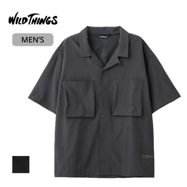 WILDTHINGS ワイルドシングス オープンカラーポケットシャツ OPEN COLLAR POCKET SHIRT mens メンズ summer 夏 ポリエステル 92% ポリウレタン 8% メッシュ部分：ポリエステル x100% black 黒 gray グレー M L WT26041 (260408)