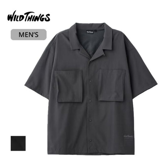 WILDTHINGS ワイルドシングス オープンカラーポケットシャツ OPEN COLLAR POCKET SHIRT mens メンズ summer 夏 ポリエステル 92% ポリウレタン 8% メッシュ部分：ポリエステル x100% black 黒 gray グレー M L WT26041 (260408)