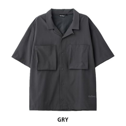WILDTHINGS ワイルドシングス オープンカラーポケットシャツ OPEN COLLAR POCKET SHIRT mens メンズ summer 夏 ポリエステル 92% ポリウレタン 8% メッシュ部分：ポリエステル x100% black 黒 gray グレー M L WT26041 (260408)